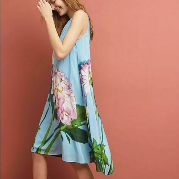 Anthropologie Photorealistic Silk Dress Duchess de Nemours peonies blue Sz 6 - Picture 16 of 16